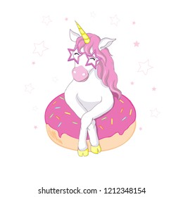 Cute vector unicorn. Magic character with pink mane.