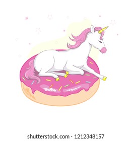 Cute vector unicorn. Magic character with pink mane.