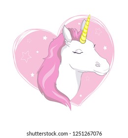 Cute vector unicorn. Magic character with pink mane.
