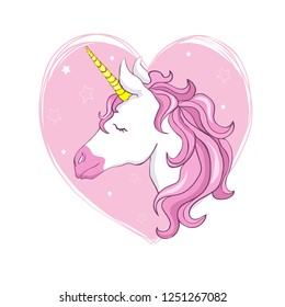 Cute vector unicorn. Magic character with pink mane.