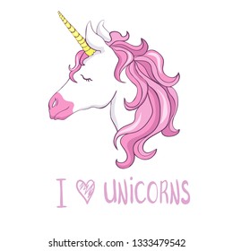 Cute vector unicorn. Magic character with pink mane.