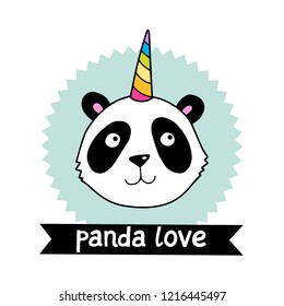 Cute vector unicorn panda illustration with outline. Pandacorn. 