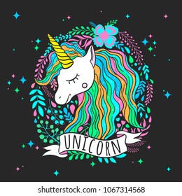 Cute vector unicorn for prints. To print a poster, clothes, for a children's room and more. Hand draw illustration. Black background.