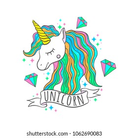 Cute vector unicorn for prints. White background. Hand draw illustration.