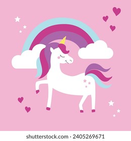 Vector lindo unicornio Estrellas arcoiris patrón de corazón rosado