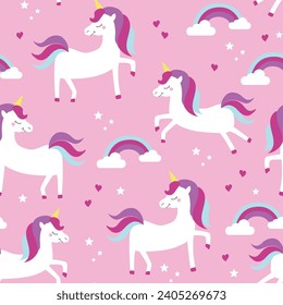 Cute Vector Unicorn Rainbow Stars Hearts Seamless Repeat Pattern