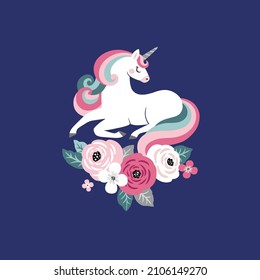 Cute vector unicorn with vintage flowers on dark blue background. Perfect for tee shirt logo, greeting card, poster, invitation or print nursery design.