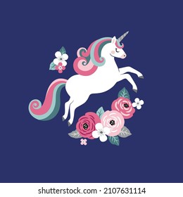 Cute vector unicorn with vintage flowers on dark blue background. Perfect for tee shirt logo, greeting card, poster, invitation or print nursery design.