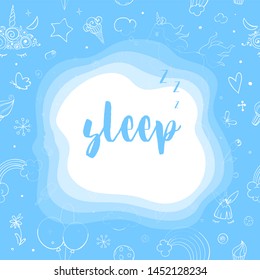 Cute vector unicorns and rainbow doodle seamless pattern. Motivational and inspirational quote Sleep. Ink sketch with hearts, stars and rainbow