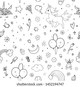 Cute vector unicorns and rainbow seamless pattern - hand drawn kawaii style illustration with imaginary horse from children fairytale. Ink sketch with hearts, stars and rainbow