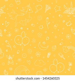 Cute vector unicorns and rainbow seamless pattern - hand drawn kawaii style illustration with imaginary horse from children fairytale. Ink sketch with hearts, stars and rainbow