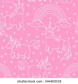 Cute vector unicorns and rainbow seamless pattern - hand drawn kawaii style illustration with imaginary horse from children fairytale. Ink sketch with hearts, stars and rainbow