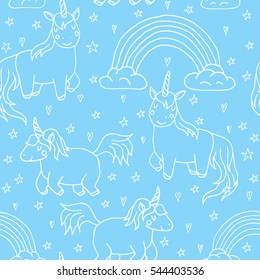 Cute vector unicorns and rainbow seamless pattern - hand drawn kawaii style illustration with imaginary horse from children fairytale. Ink sketch with hearts, stars and rainbow