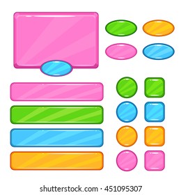 Cute vector user interface assets set for web or game design. Pink information panel, round, square, oval colorful buttons,long horizontal banners kit, isolated on white.