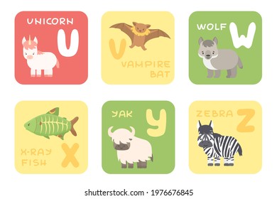 Cute vector U-Z zoo alphabet isolated education cards with cartoon animals. Unicorn, vampire bat, wolf, x-ray fish, yak, zebra animals, flat style