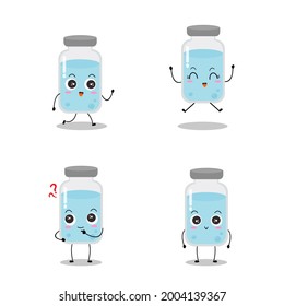 Cute vector of vaccine bottle character. Vaccination fight coronavirus (2019-nCoV), Alcohol gel for against COVID-19, Protection from viruses attack, collection, isolated on white background 