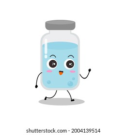 Cute vector of vaccine bottle character. Vaccination fight coronavirus (2019-nCoV), Alcohol gel for against COVID-19, Protection from viruses attack, smile and walking, isolated on white background 
