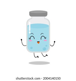 Vector lindo del carácter del frasco de la vacuna. Lucha contra el coronavirus (2019-nCoV), gel de alcohol contra COVID-19, Protección contra ataques de virus, sonrisa y salto, aislado en fondo blanco 