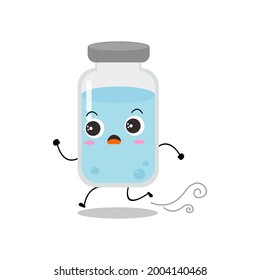 Cute vector of vaccine bottle character. Vaccination fight coronavirus (2019-nCoV), Alcohol gel for against COVID-19, Protection from viruses attack, panic run, isolated on white background 