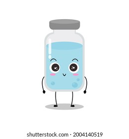 Cute vector of vaccine bottle character. Vaccination fight coronavirus (2019-nCoV), Alcohol gel for against COVID-19, Protection from viruses attack, smile, isolated on white background 