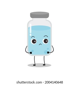 Cute vector of vaccine bottle character. Vaccination fight coronavirus (2019-nCoV), Alcohol gel for against COVID-19, Protection from viruses attack, sad, angry, isolated on white background 