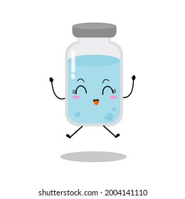 Cute vector of vaccine bottle character. Vaccination fight coronavirus (2019-nCoV), Alcohol gel for against COVID-19, Protection from viruses attack, happy, jump, isolated on white background 