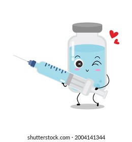 Cute vector of vaccine bottle character. Vaccination fight coronavirus (2019-nCoV), Alcohol gel for against COVID-19, Protection from viruses attack, smile, injection, isolated on white background 