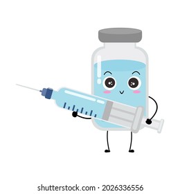 Cute vector of vaccine bottle character. Vaccination fight coronavirus (2019-nCoV), Alcohol gel for against COVID-19, Protection from viruses attack, smile, injection, isolated on white background 2