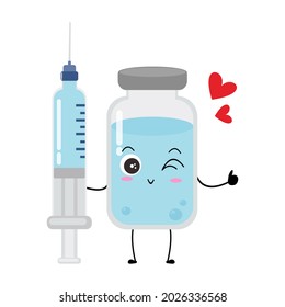 Cute vector of vaccine bottle character. Vaccination fight coronavirus (2019-nCoV), Alcohol gel for against COVID-19, Protection from viruses attack, smile, injection, isolated on white background 2