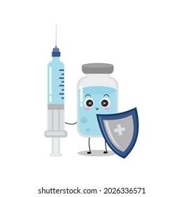 Cute vector of vaccine bottle character. Vaccination fight coronavirus (2019-nCoV), Alcohol gel for against COVID-19, Protection from viruses attack, smile, injection, isolated on white background 5