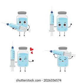 Cute vector of vaccine bottle character. Vaccination fight coronavirus (2019-nCoV), Alcohol gel for against COVID-19, Protection from viruses attack, smile, injection, isolated on white background 4