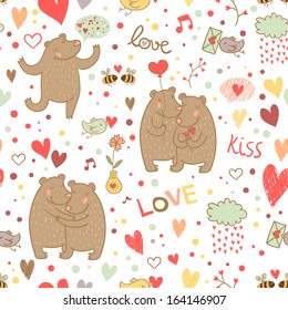 Cute Vector valentine background with bears in love and birds