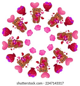 Cute vector Valentine s day mandala with bear and flowers on white background.Hand drawn vector illustration.