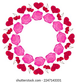 Cute vector Valentine s day mandala with hearts and with flowers  on white background.Hand drawn vector illustration.