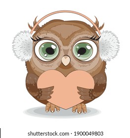 Cute vector Valentines Day card owl in fur headphones, headphoneswith, gift heart, picture in hand drawing style, for t-shirt wear fashion print design, greeting card, postcard. party invitation