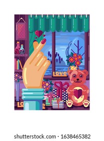 Cute vector valentines day poster. Hand with a heart sign on a background of a room with gifts and flowers. Winter landscape in the window. Cartoon flat design for the holiday. Bright card for lovers