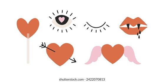 Cute vector Valentines elements isolated on white background. Lovely lollipop, hearts with wings and cupid arrow for Valentines day, festive design, romantic holidays. Charming art in cartoon style