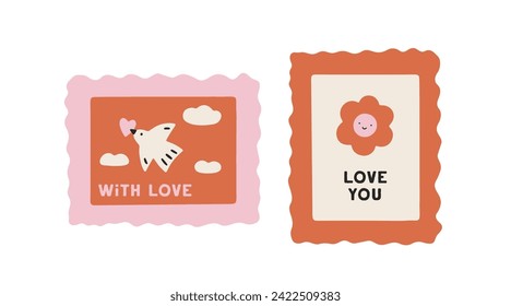 Cute vector Valentines post stamps isolated on white background. Lovely postage stamps with flower and bird for Valentines day, festive design, romantic holidays. Charming art in flat cartoon style