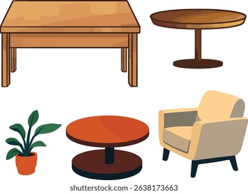 cute vector variation of table or desk for office n cafe, one chair and indoor  plant 