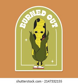 Cute vector vegetables sticker pack. A sad burned out corn with funny face. Flat line art veggies illustration. Colourful original trendy character. Childish set of drawings. Quote.