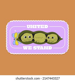 Cute vector vegetables sticker pack. Peas hug. United we stand. Ukrainian flag. Stay with Ukraine. Flat line art veggies illustration. Colourful original trendy character. Childish set of drawings. 