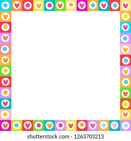 Cute vector vibrant square love frame made of doodle hand drawn hearts on white background. Template with copyspace for valentine greeting card, wedding invitation, scrapbook element, photo border.