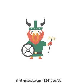 Cute vector viking with hatchet and shield in helmet with horns illustration isolated on white background, funny cartoon warrior, decorative flat drawing for print design, greeting card for boy