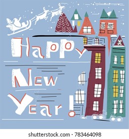 cute vector of vintage style poster of new year, with text happy new year, houses, reedier and Santa Claus. great poster for new year invitation card, open card and other prints.