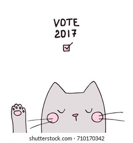 Cute vector voting cat face with paw, hand drawn outlines illustration. Election day poster design