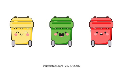 Cute vector waste bins. Cartoon yellow green red garbage bins set. Trash cans with faces and happy smiles. Dustbin containers on white background.