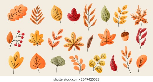 Cute vector Watercolor autumn leaves big set with maple, oak, and birch foliage in warm tones of orange, red, and yellow. Perfect for cozy seasonal designs, stickers, and cozy fall planners, cards
