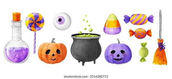 Ilustración de acuarela de Vector lindo de caldero, poción, maíz, ojo, calabaza, piruleta, escoba, caramelo. Conjunto de Elementos de bruja para el diseño de Halloween.