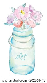 Cute Vector Watercolor Mason Jar With Painted Flowers Bouquet