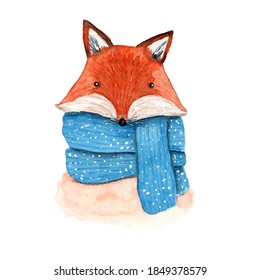 Cute vector watercolor orange fox in striped and snowy blue scarf. Childish cartoon New Year illustration with cheerful animal for greeting card design, banner, sticker, Christmas decoration